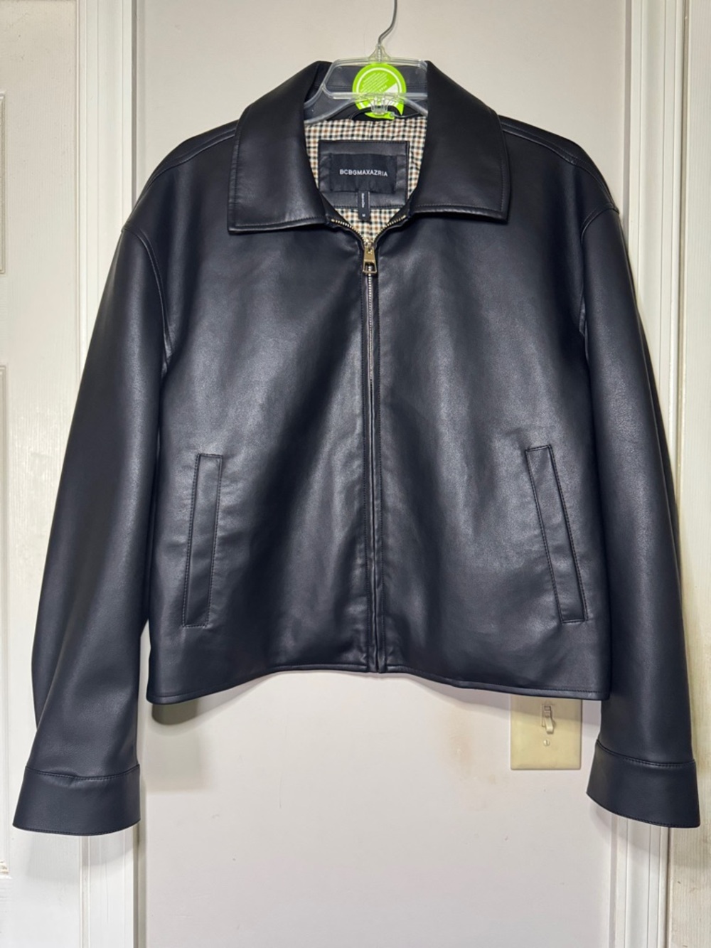BCBG Max Azria Black Vegan Leather Jacket Zip Front Minimalist Classic Size M